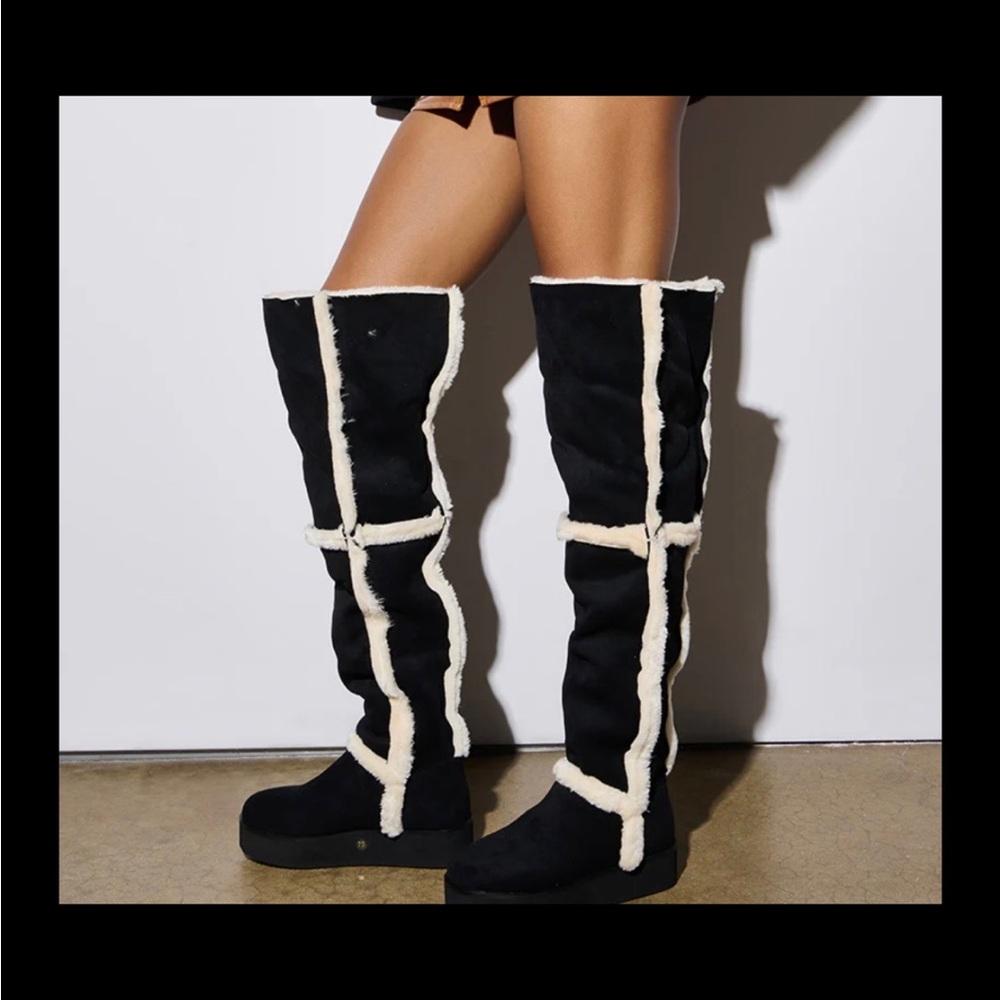 Over-the-Knee Shearling-Trim Boots in Black